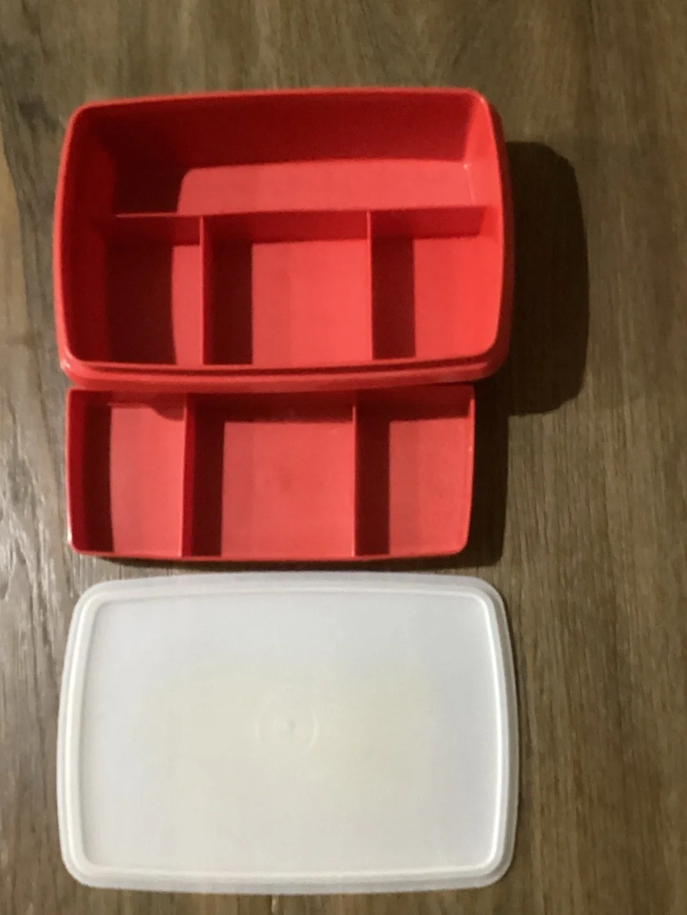 2 VTG Tupperware Red Stow’n Go Divided Organizer Boxes with White Lids
